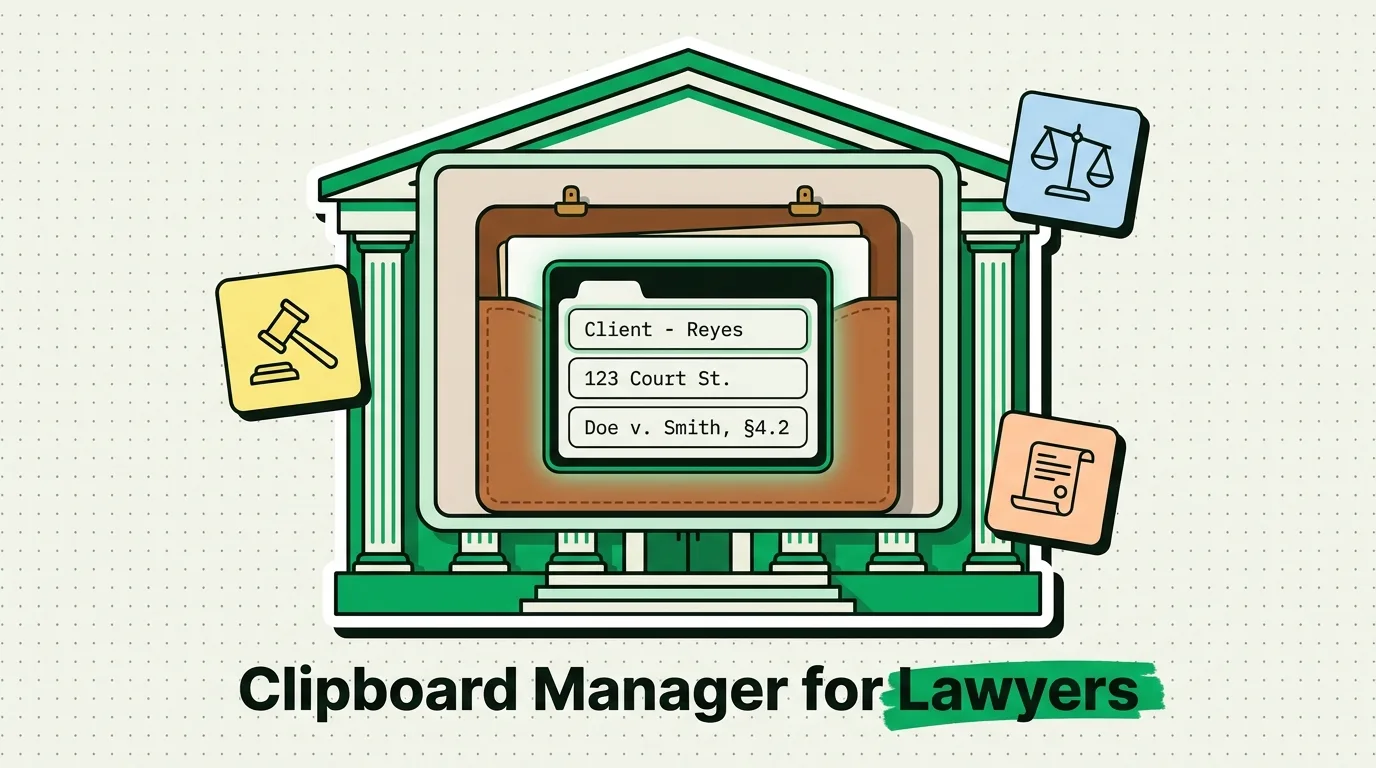 Courthouse illustration holding legal clipboard clips with client name, court address, case citation, gavel and scales
