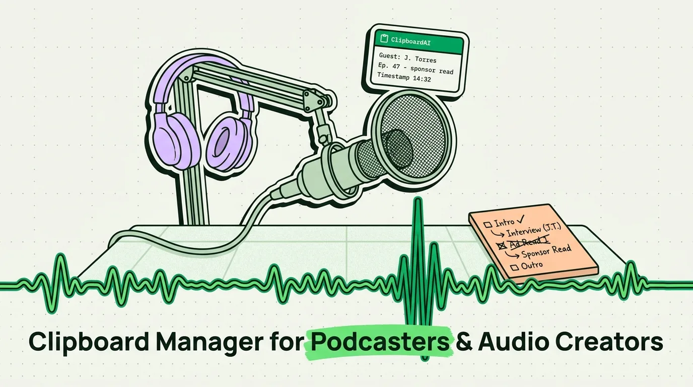 Podcast microphone, headphones, and waveform with a Clipboard AI card holding guest name, episode, and timestamps