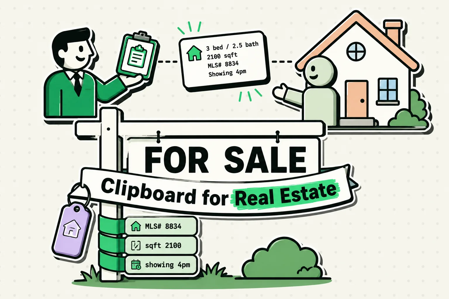 Real estate agent sharing a property clipboard with a buyer beside a For Sale sign and MLS listing details