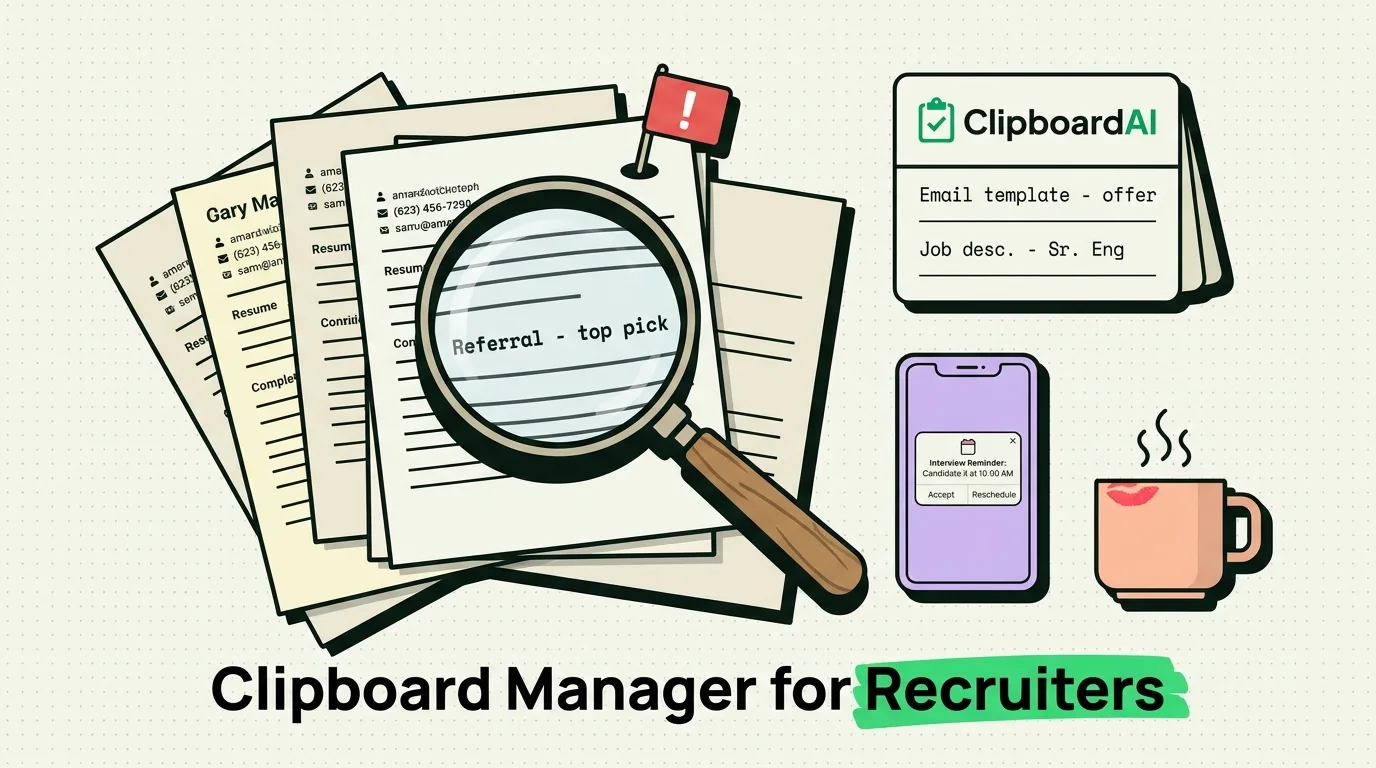 Magnifying glass inspecting stacked candidate resumes with ClipboardAI email templates and interview reminder on a phone