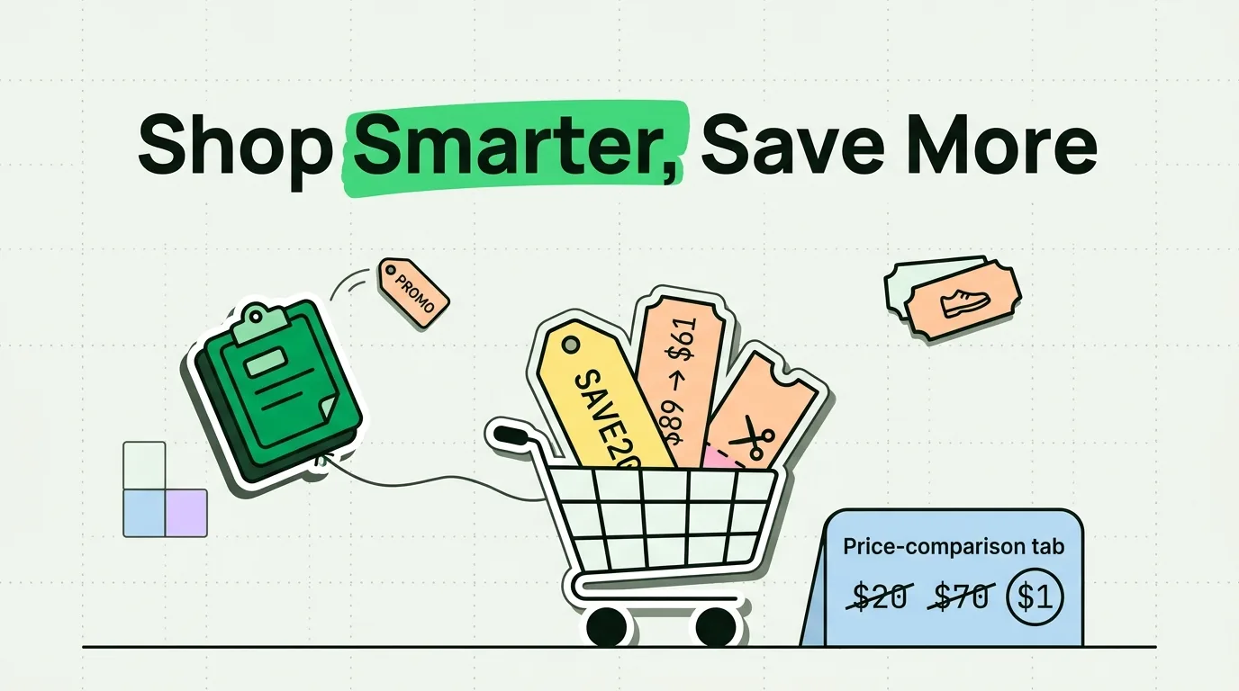 Shopping cart of promo codes and discount price tags feeding a clipboard price-comparison tab
