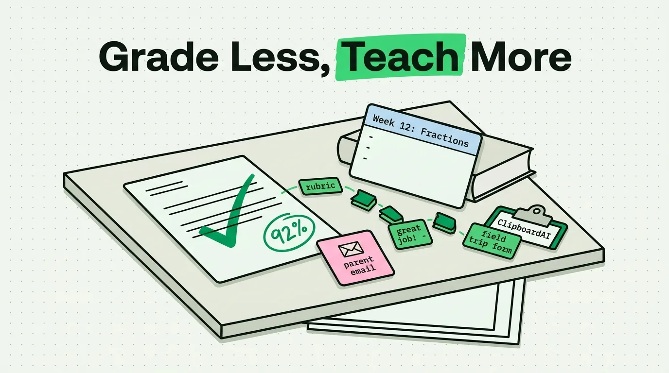 Graded paper with reusable clip snippets for rubric, parent email and field trip form on a desk