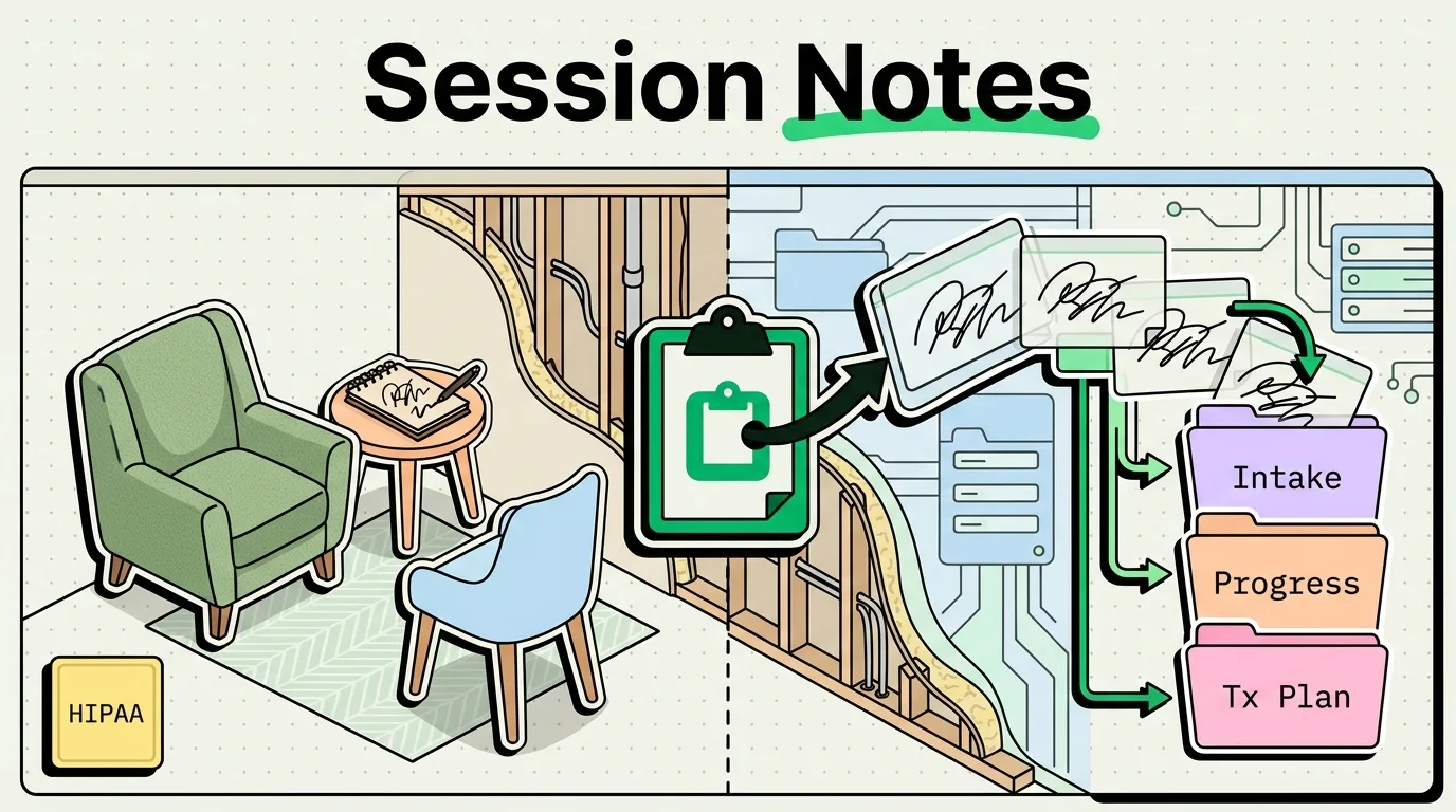 Therapy office armchairs beside clipboard routing signed session notes into Intake, Progress, and Tx Plan folders with HIPAA badge