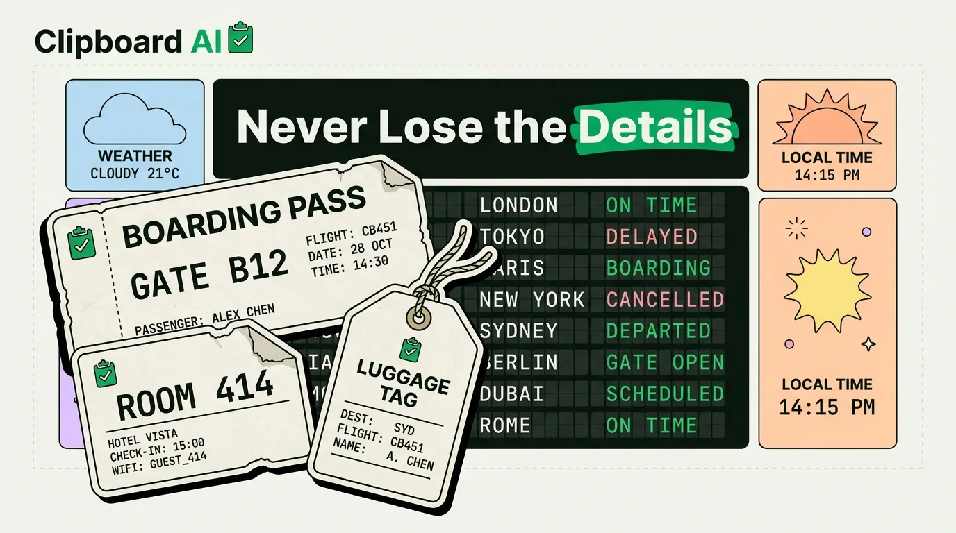 Travel departure board with boarding pass, hotel room card and luggage tag saved as clipboard details