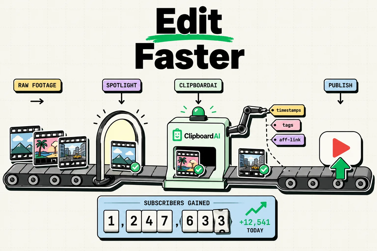 Conveyor belt of film reels edited faster by a ClipboardAI capture station