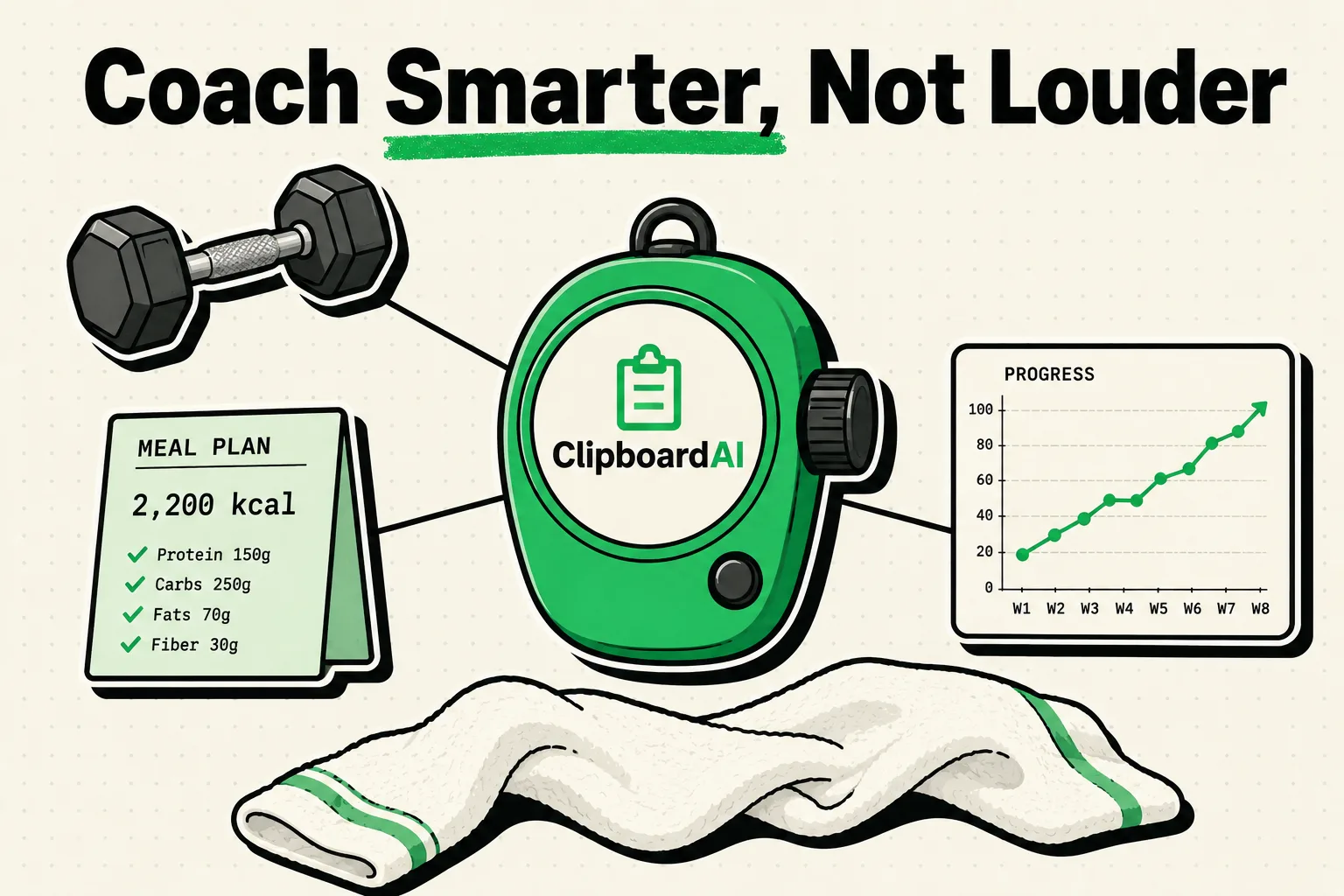 Gym rep-counter dial rebranded as ClipboardAI radiating client workout and meal data
