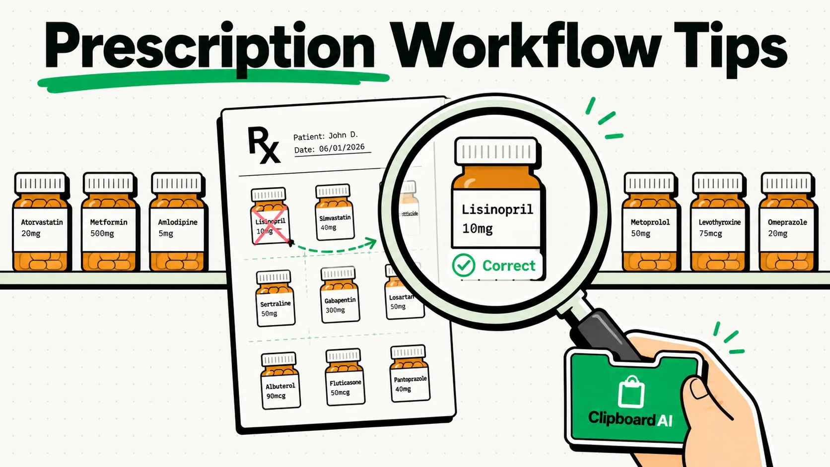 Magnifying glass catching a prescription dosage error above a pharmacy shelf