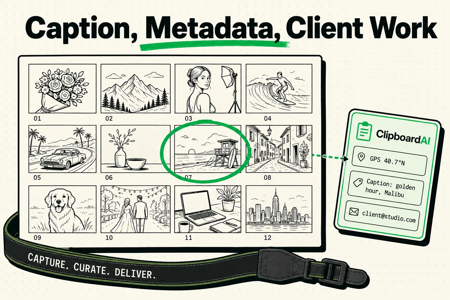 Photographer's contact sheet with one photo's caption and GPS data sent to ClipboardAI