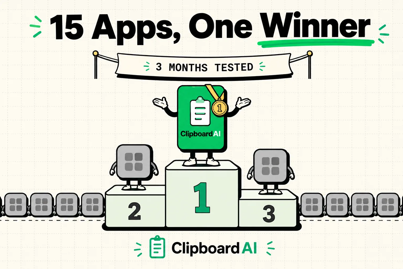 Three-tier trophy podium crowning ClipboardAI winner among fifteen tested clipboard apps
