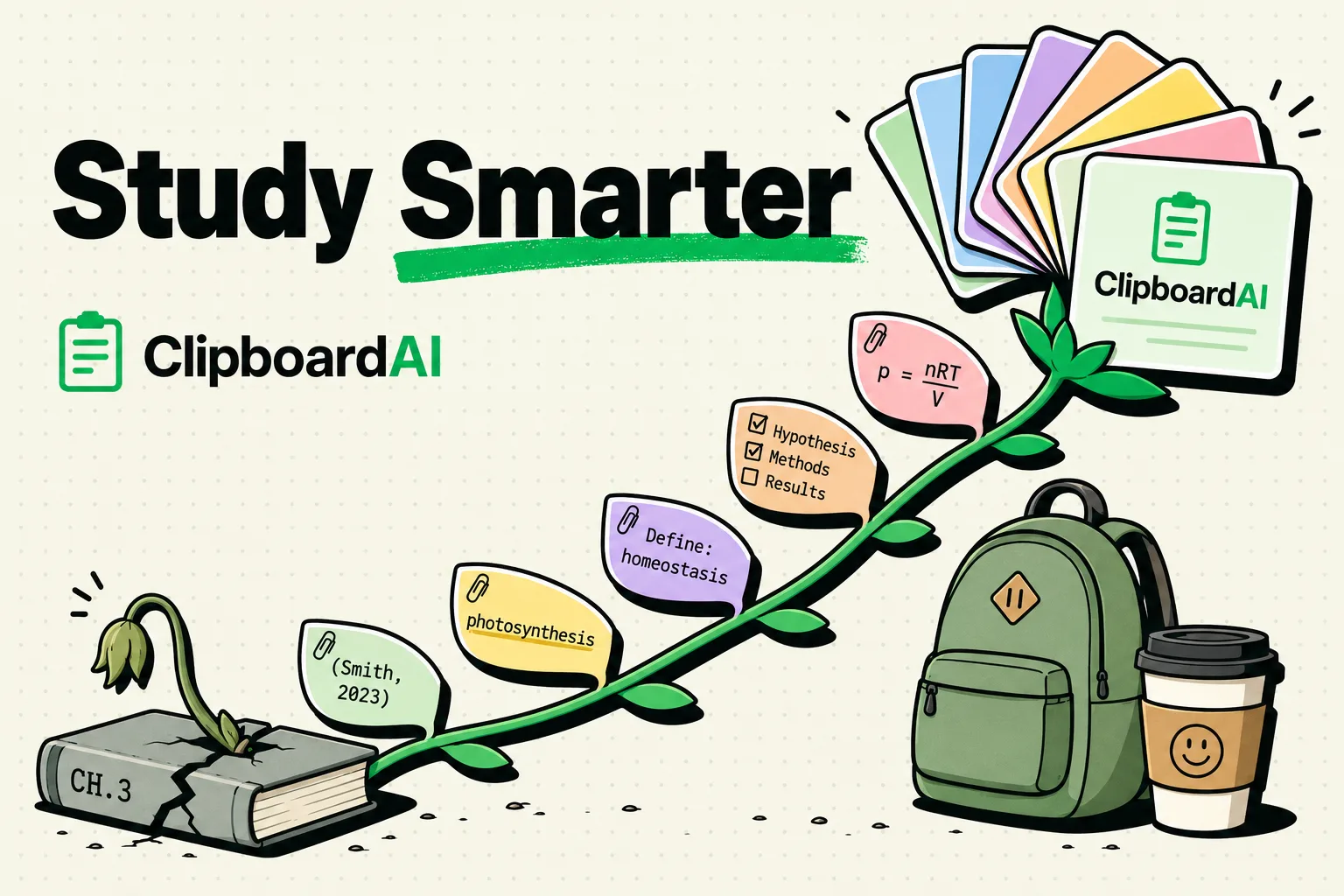 Seedling growing into a flower of clip cards representing student study habits