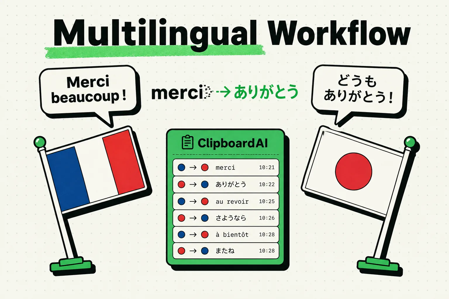 Two speech bubbles mid-translation bridged by a compact ClipboardAI history card