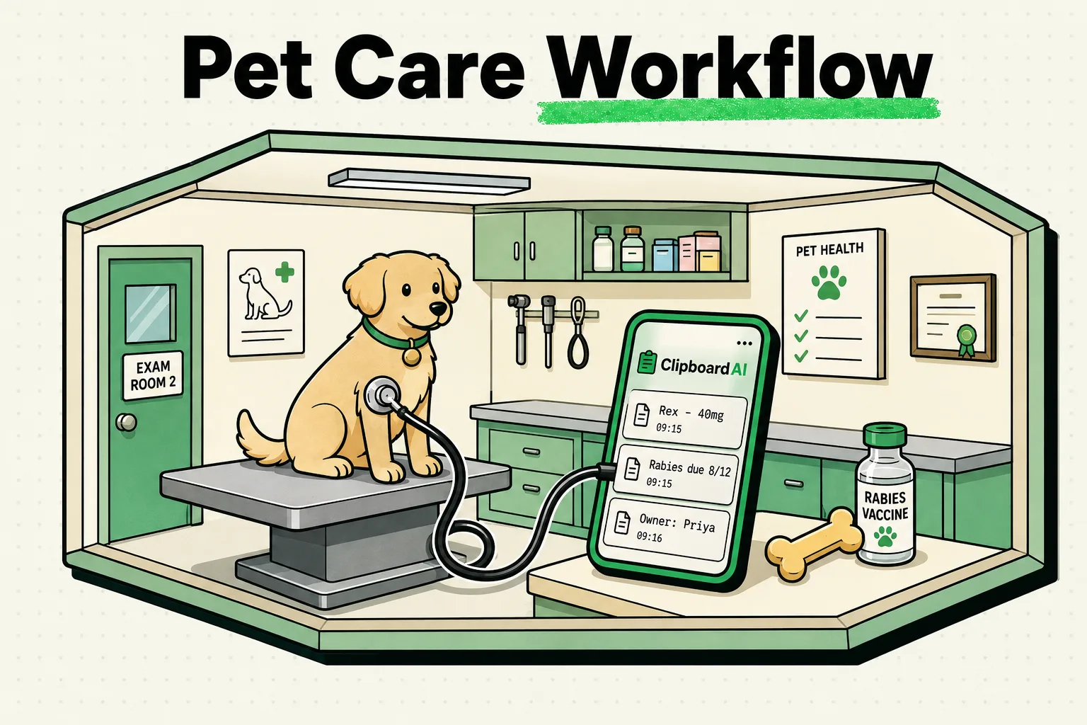 Veterinary exam room cutaway with a stethoscope feeding pet notes into ClipboardAI