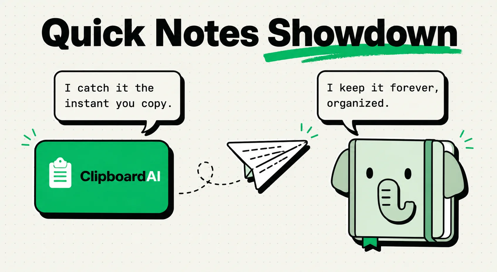 Speech bubbles comparing instant capture in ClipboardAI to long-term filing in Evernote