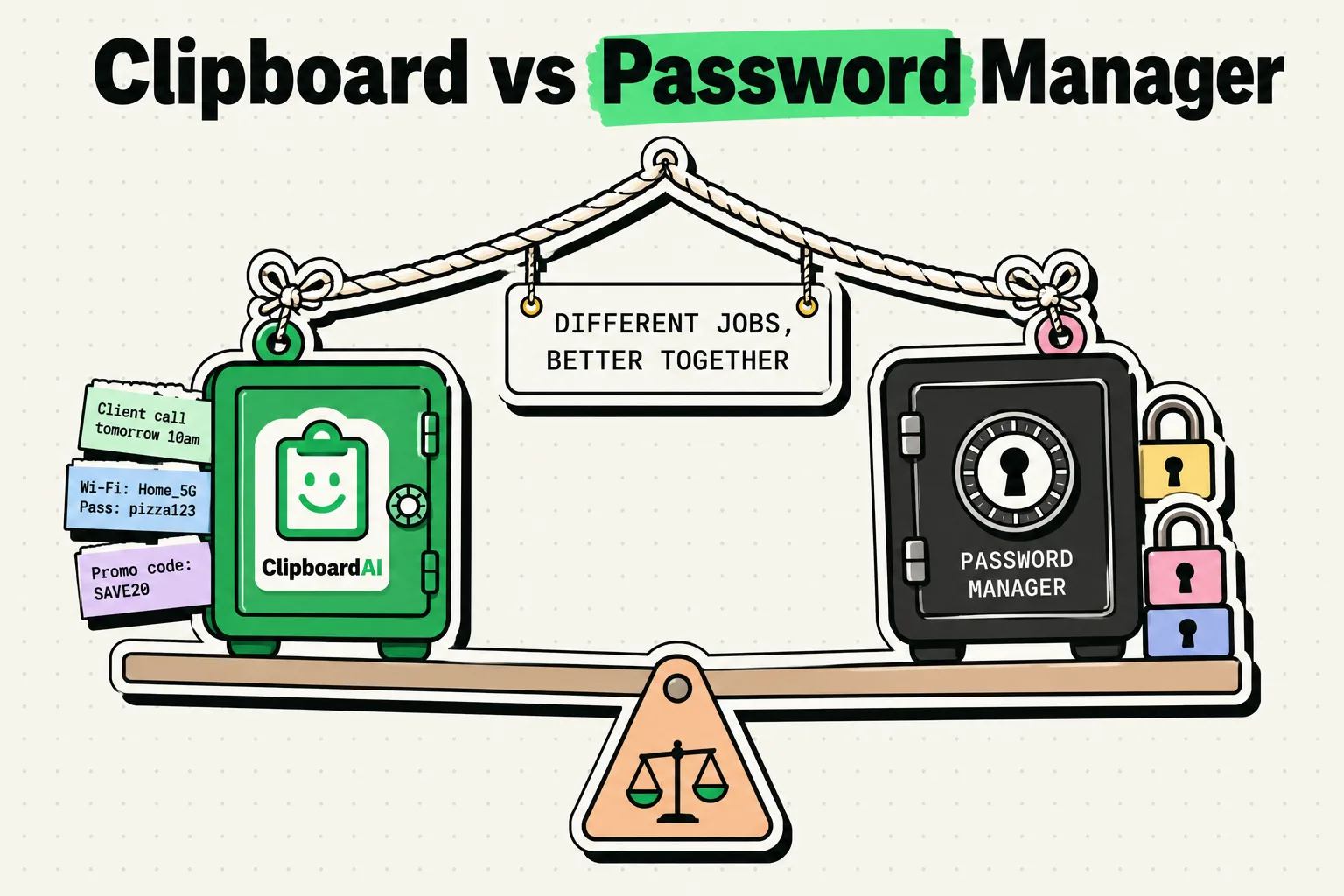 Seesaw balancing a ClipboardAI clipboard card against a password manager vault
