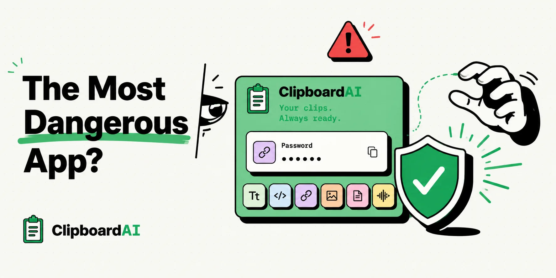 ClipboardAI card guarded by a padlock and shield against a peeking eye
