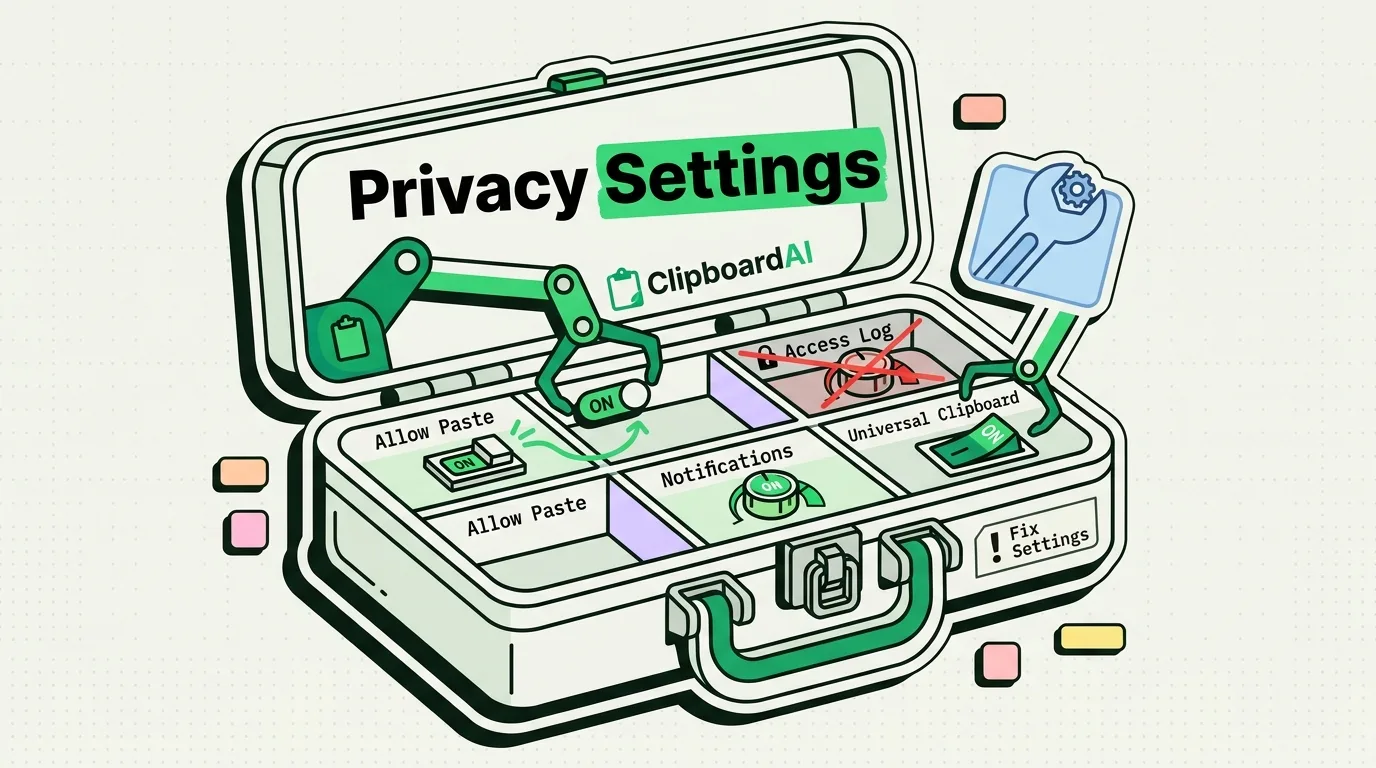 Open toolbox with robotic arms flipping ClipboardAI privacy toggles for allow paste, notifications and universal clipboard