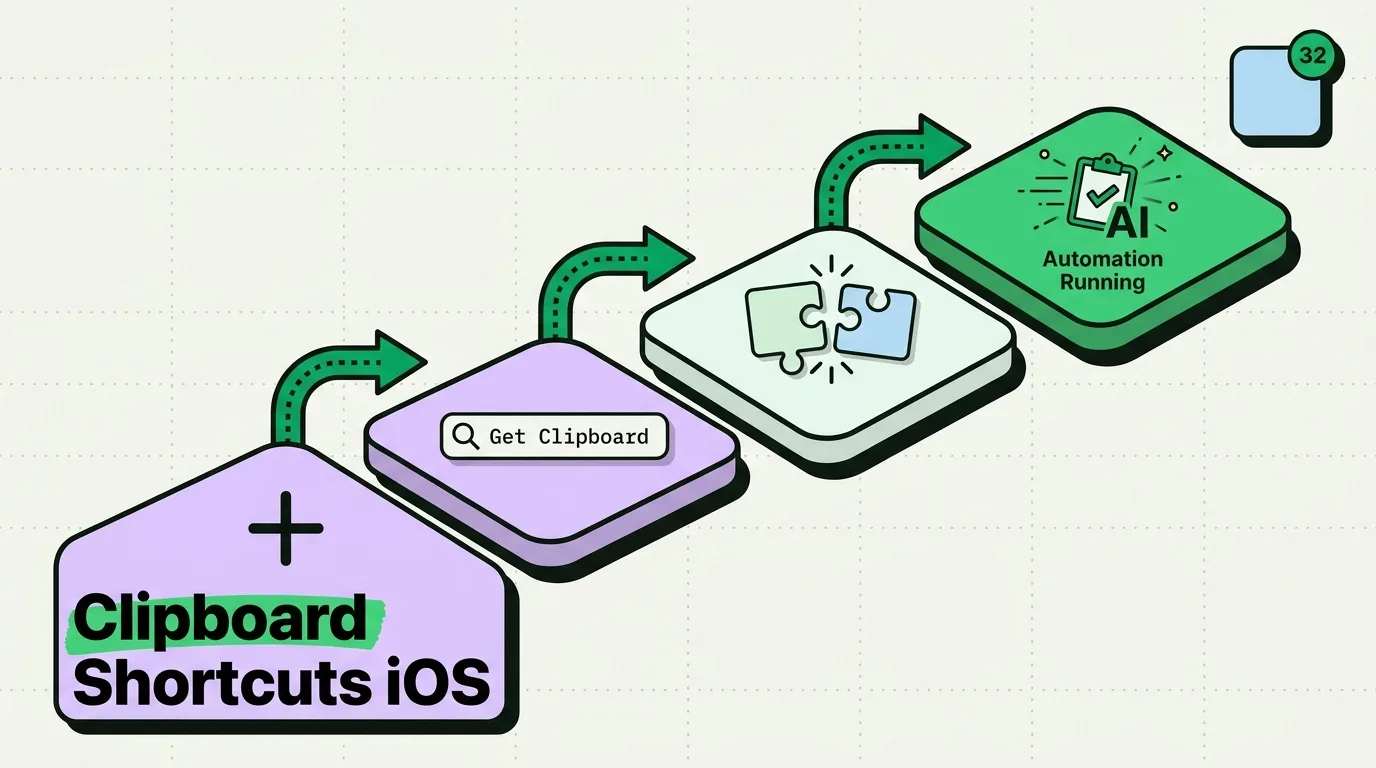 Isometric flowchart building an iOS Shortcuts automation with Get Clipboard action running AI clipboard steps