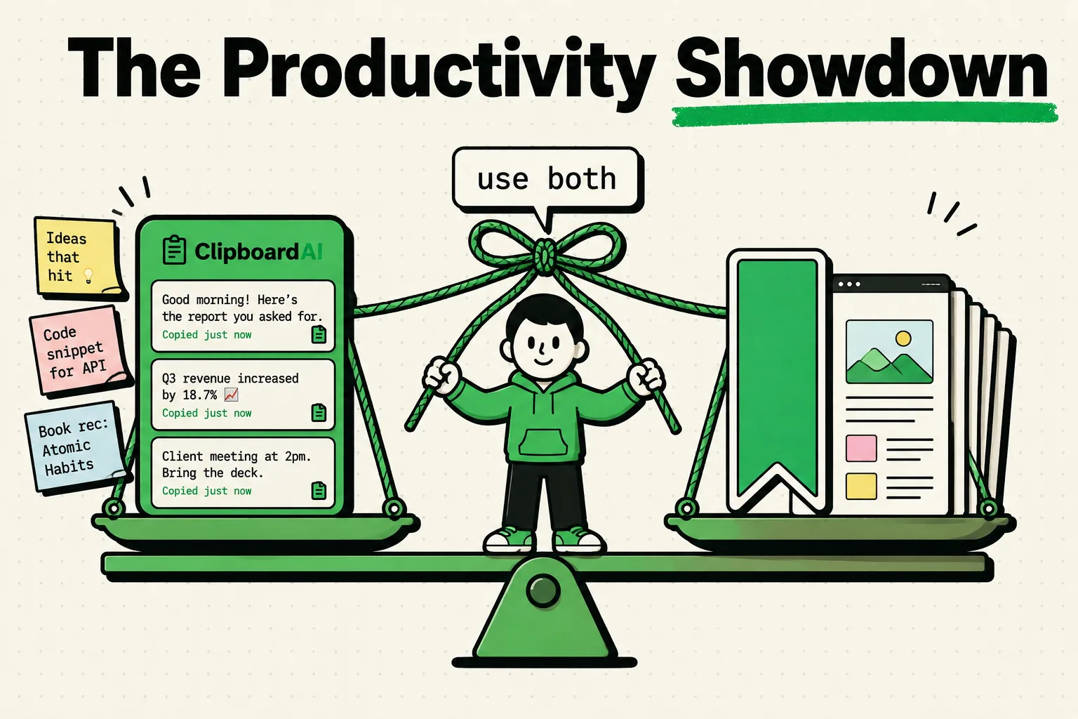 Seesaw balancing a ClipboardAI card of snippets against a bookmark manager's pages