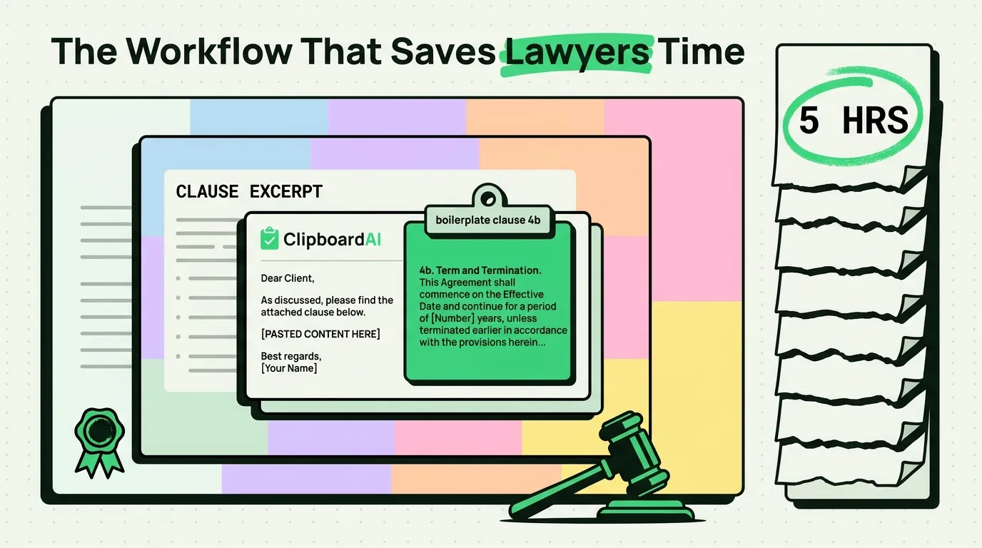 Legal email composer pasting boilerplate contract clause beside gavel and 5 HRS saved stack of documents