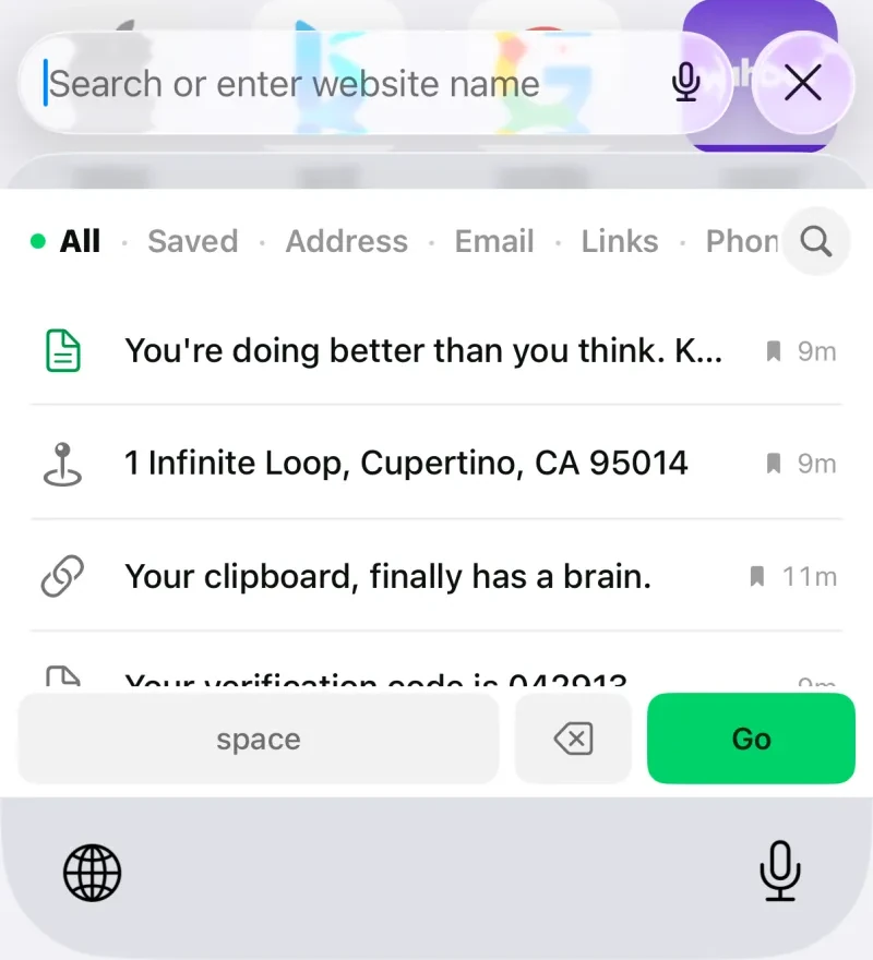 The Clipboard AI keyboard open inside Safari, listing saved clips by category
