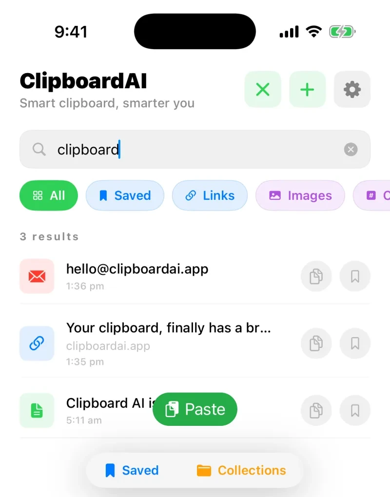 Searching clipboard history in Clipboard AI, filtered by category