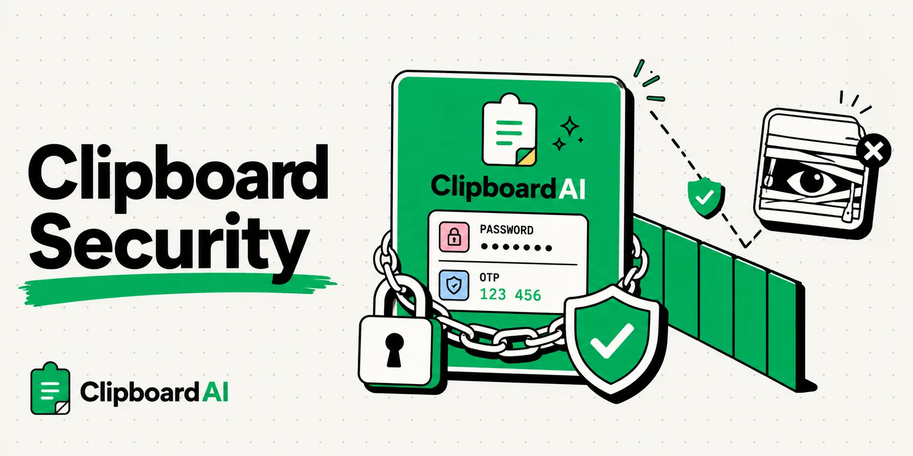 ClipboardAI card locked behind a padlock and shield guarding an OTP code