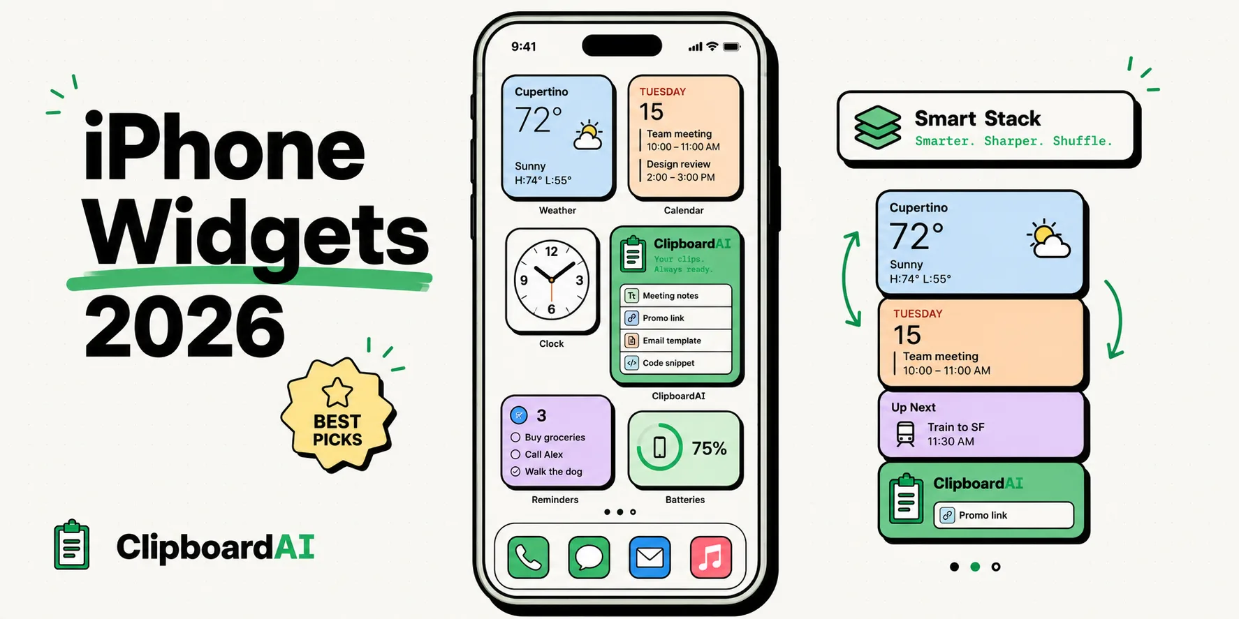 iPhone home screen wall of widget tiles beside a ClipboardAI card