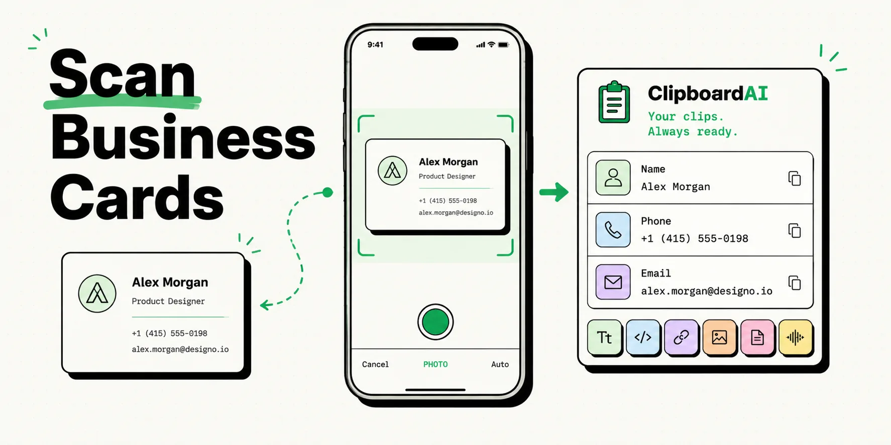 Business card scanned and its contact details copied into a ClipboardAI card