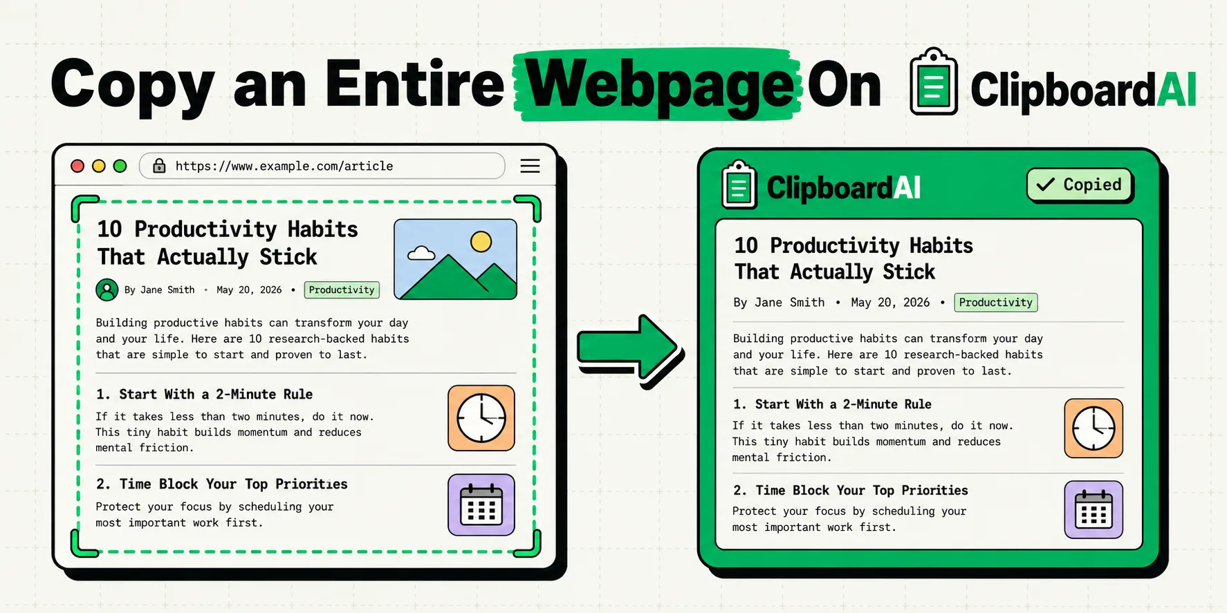Browser article with a green selection bracket copying the entire webpage into a ClipboardAI Copied card