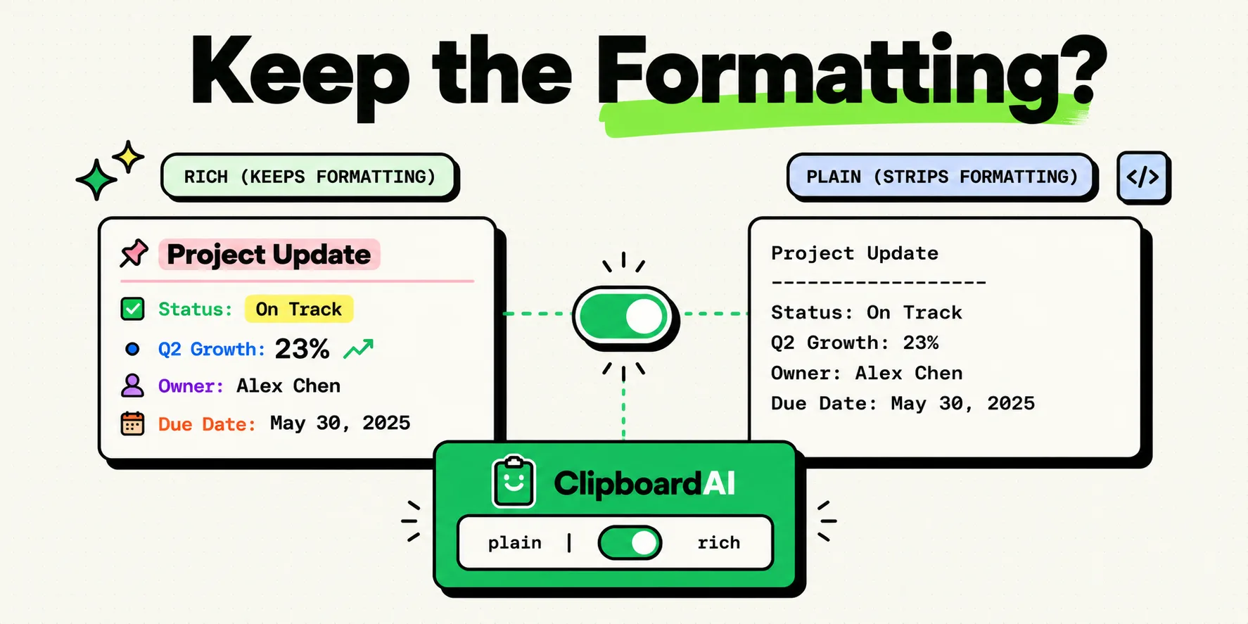 Rich styled text snippet beside a plain one copied into ClipboardAI
