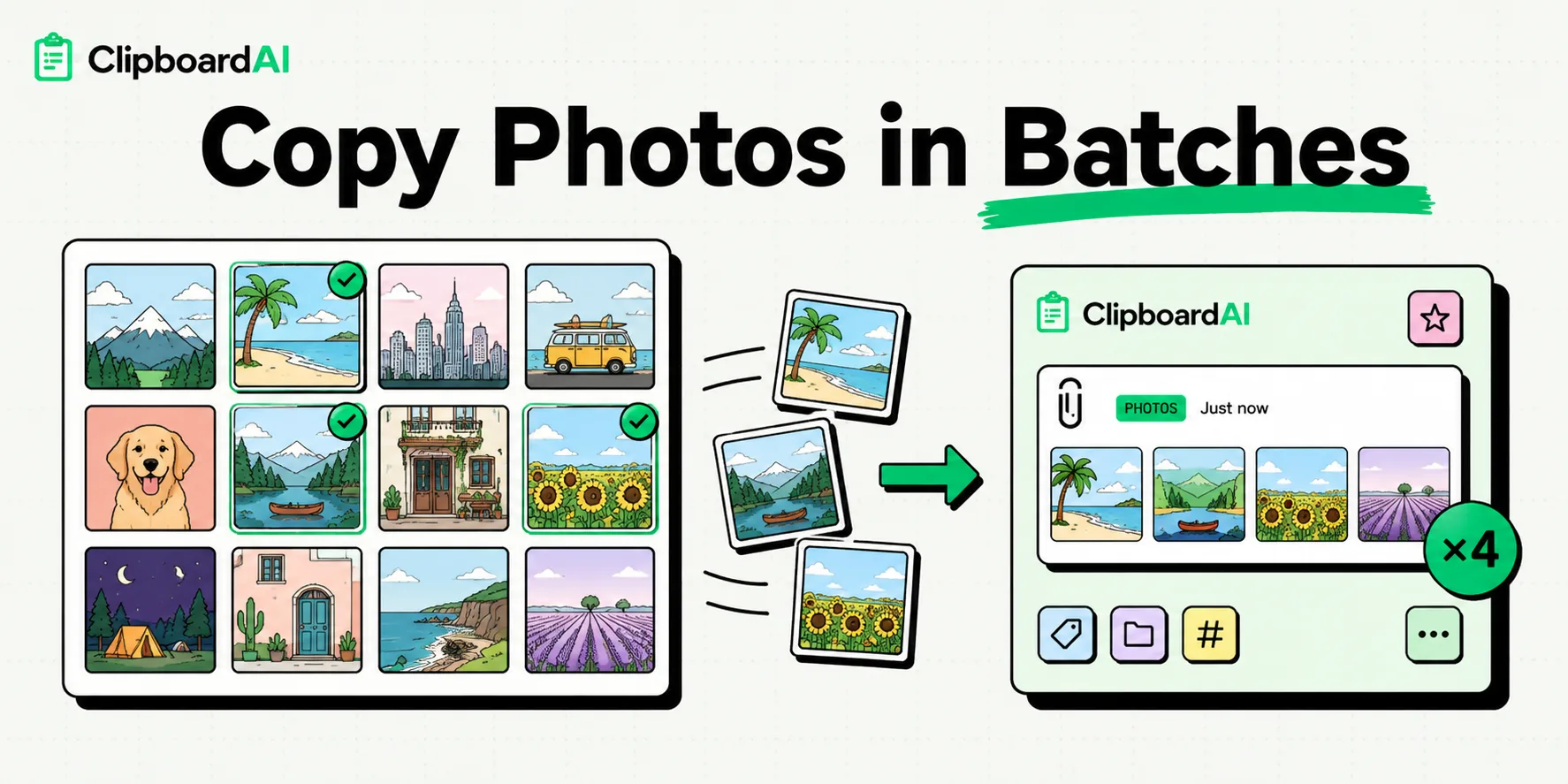 Grid of photo tiles being batch-copied into a ClipboardAI card