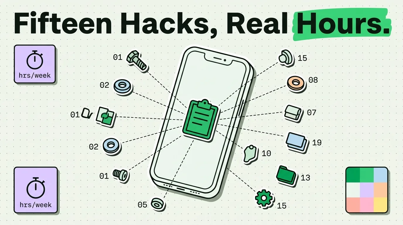 iPhone with a clipboard icon connected to fifteen numbered productivity hacks that save hours weekly