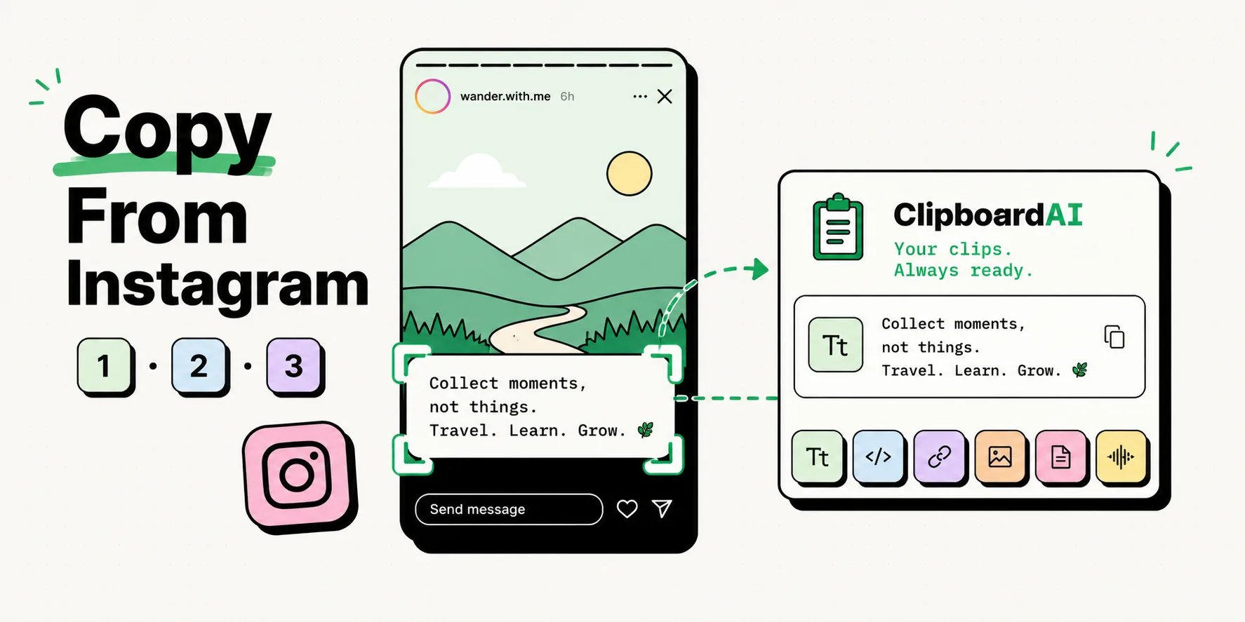 Instagram story text lifted by Live Text scan brackets into a ClipboardAI card