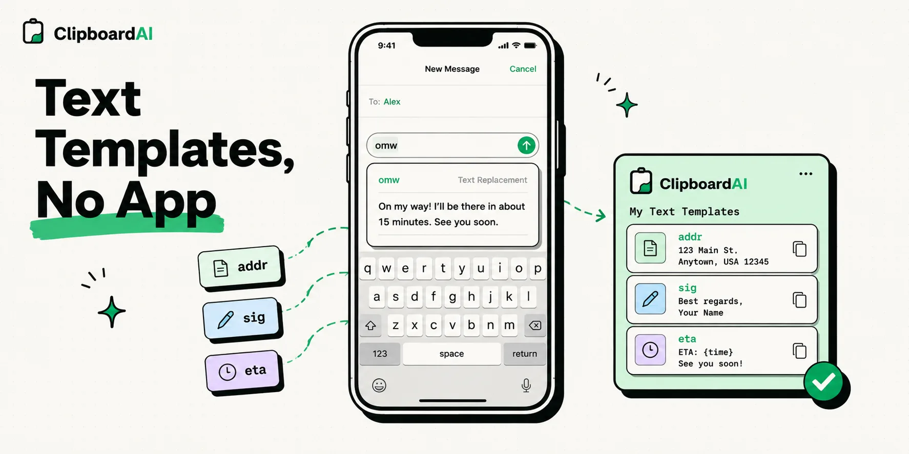 iPhone keyboard expanding a short text trigger into a full sentence template