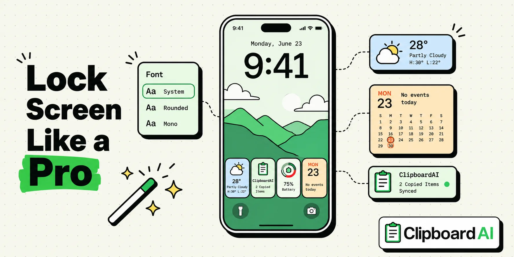 iPhone lock screen with clock and widgets customized alongside a ClipboardAI card