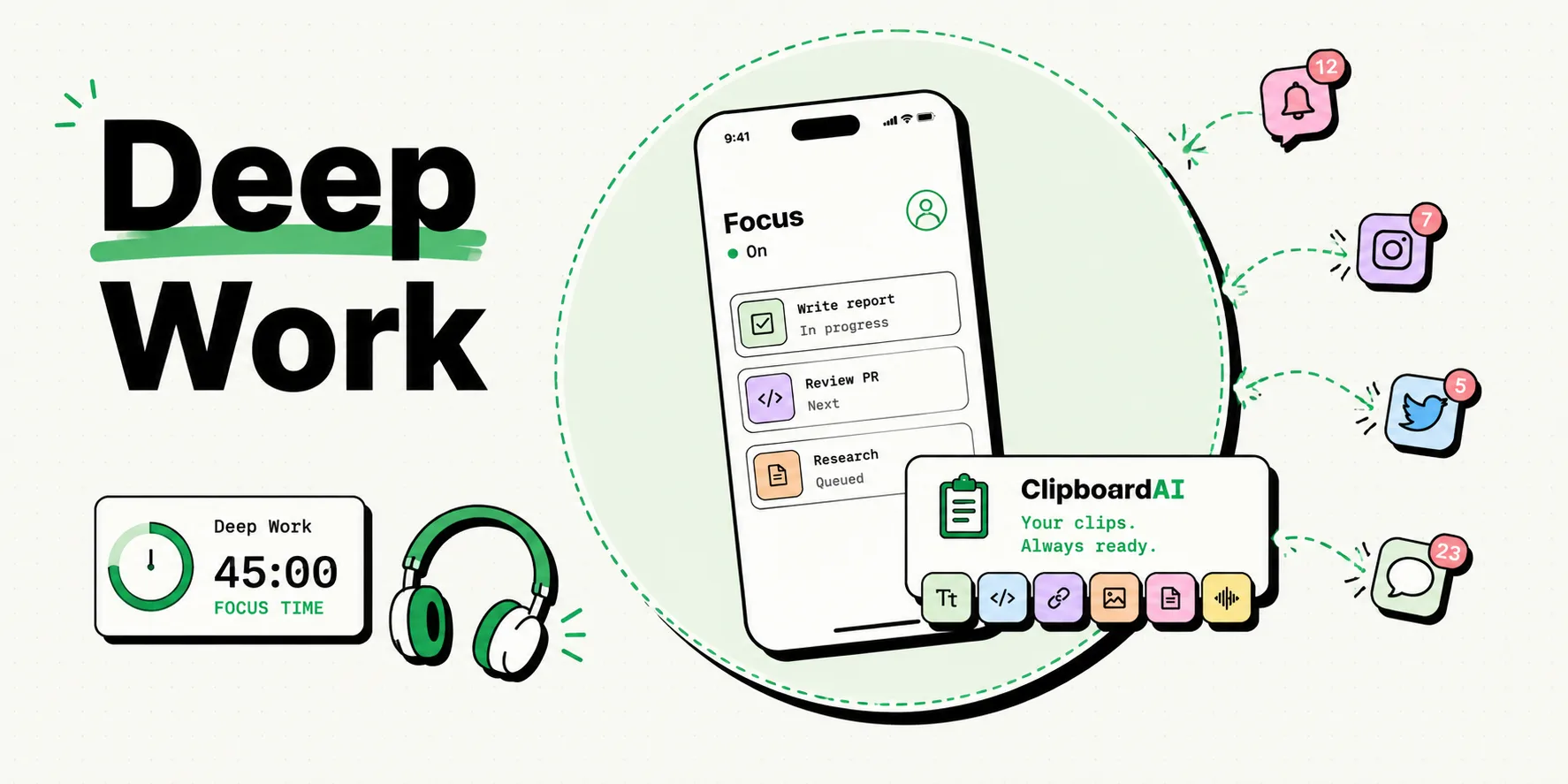 Deep work before-and-after with distractions fading into one ClipboardAI card