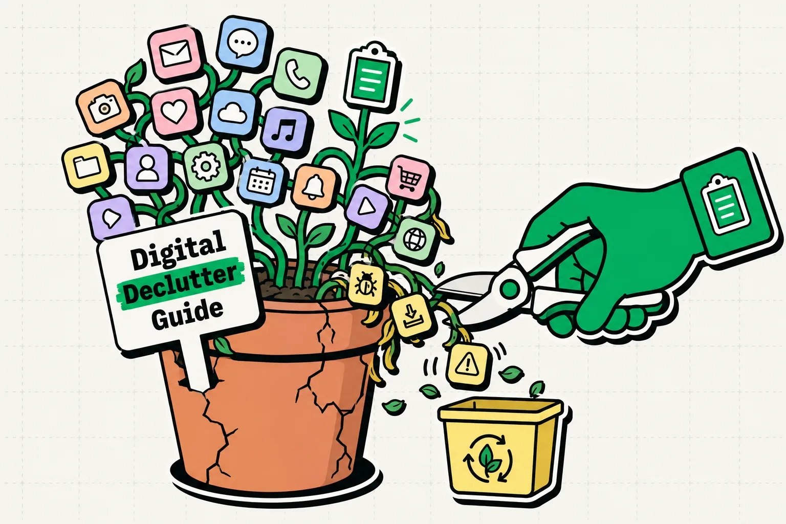 Green hand pruning overgrown app-icon vines from a cracked pot into a recycling bin