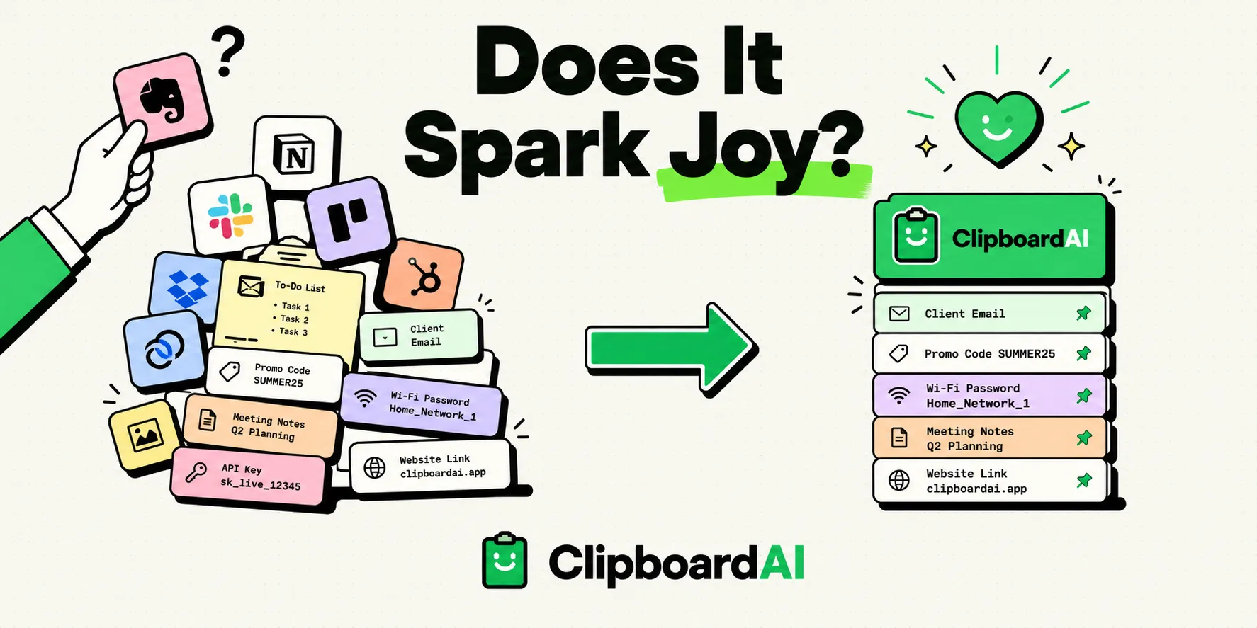 Marie Kondo style before-and-after of a copied snippet becoming a saved clip
