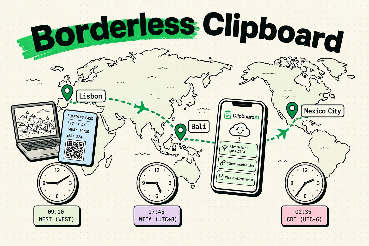 World map with flight routes linking a digital nomad's synced ClipboardAI card