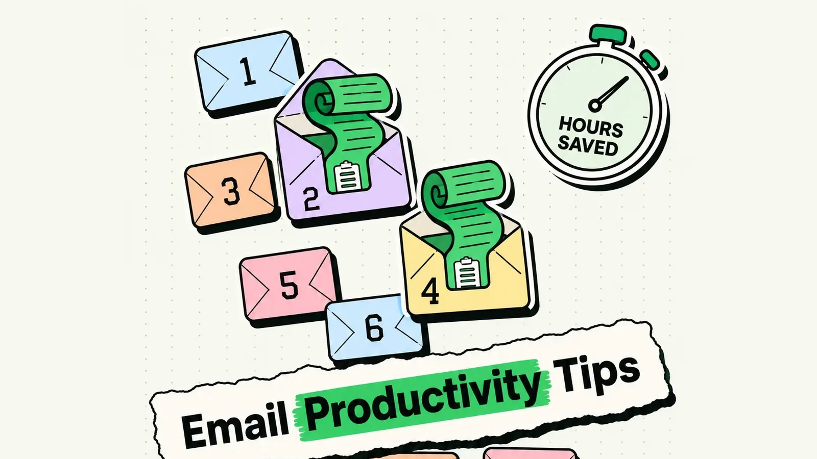 Numbered envelopes one through fifteen with clipboard scrolls and an hours-saved stopwatch for email productivity