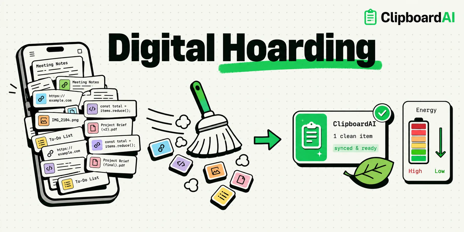 Before-and-after illustration of decluttering digital hoarding into one tidy ClipboardAI card