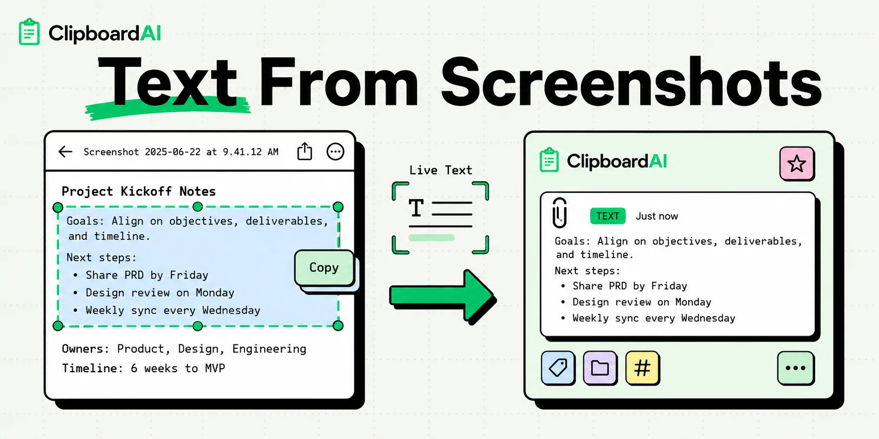Screenshot text lifting into a ClipboardAI card via Live Text scan brackets