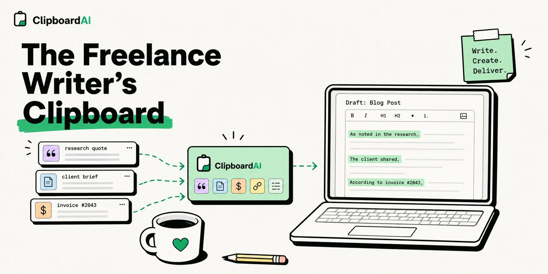 Freelance writer's laptop draft fed by research quotes and invoices via ClipboardAI