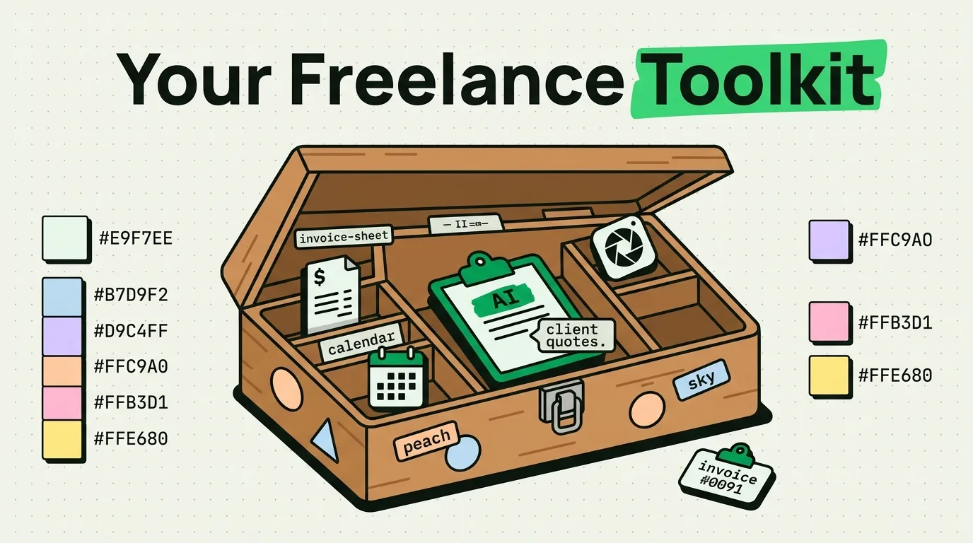 Open freelancer toolbox holding invoice sheet, calendar, AI clipboard and client quotes