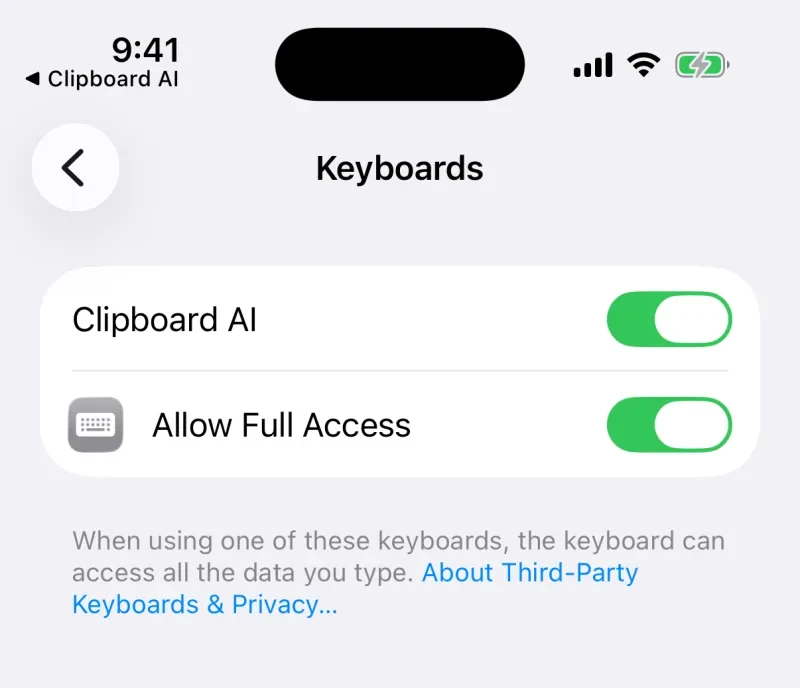 The iOS Settings screen where Allow Full Access is turned on for a third-party keyboard