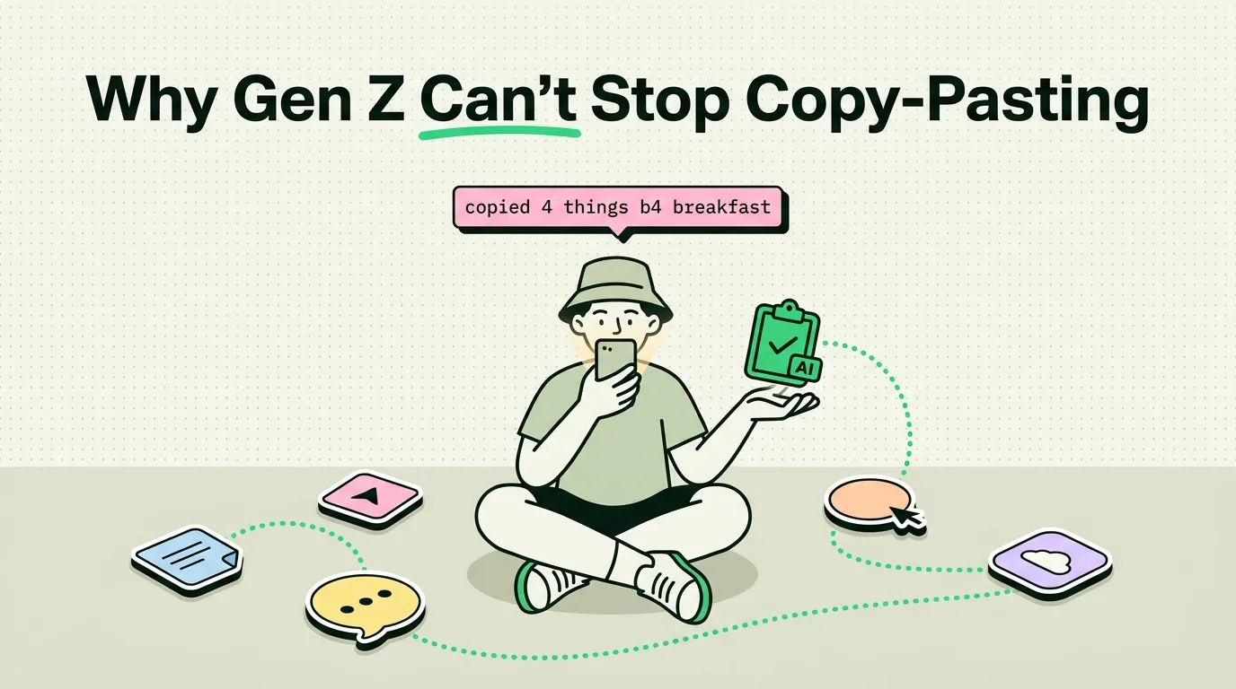 Gen Z person in bucket hat holding phone and clipboard app, surrounded by social app icons copying content