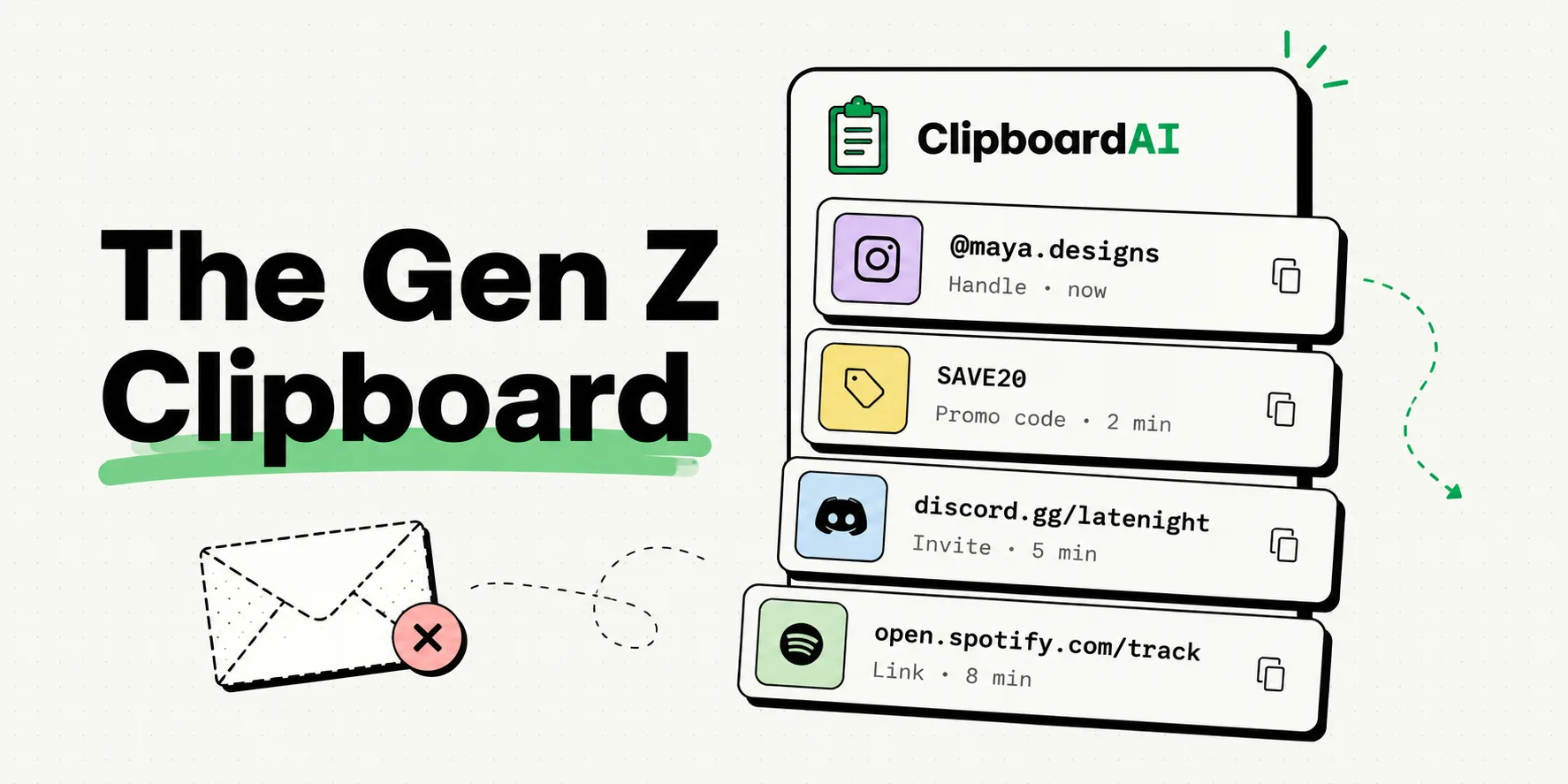 Gen Z clipboard full of handles, promo codes and links instead of email