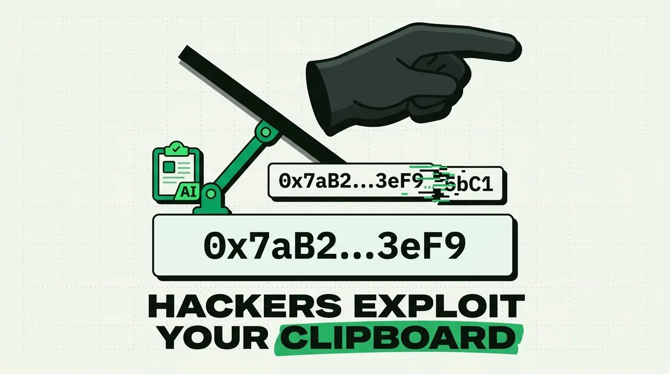 Black gloved hand and lever swapping a copied crypto wallet address, clipboard clamp exploiting your clipboard