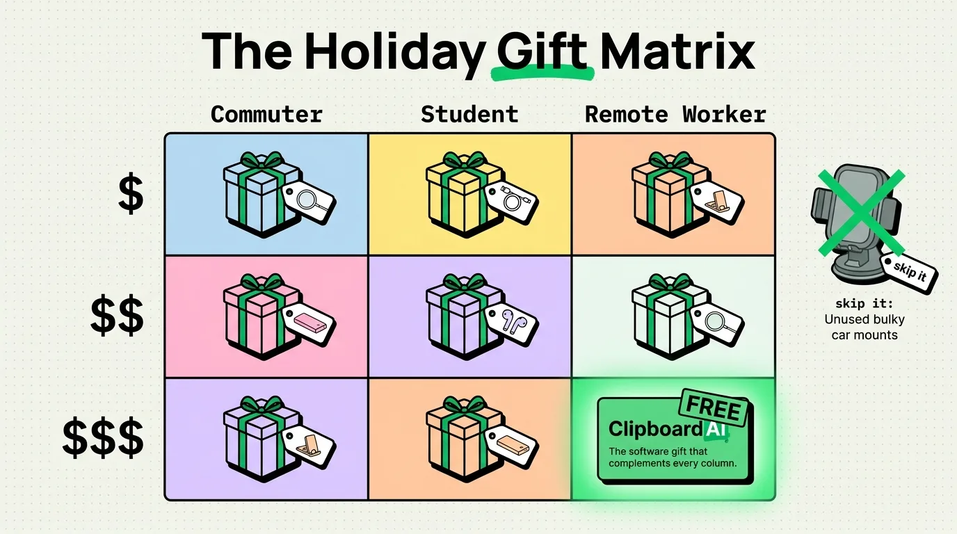 The Holiday Gift Matrix - best iPhone accessories by budget and person, with ClipboardAI as the free pick