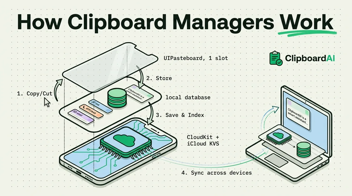 How clipboard managers work: an exploded-view diagram of the copy path - ClipboardAI
